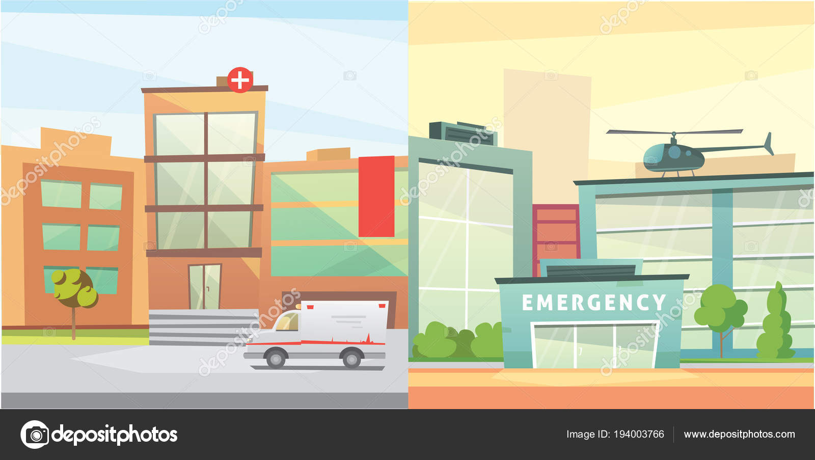 Set Hospital building cartoon modern vector illustration. Medical Clinic and city background. Emergency room exterior. Stock Vector Image by © #194003766 Set Hospital building cartoon modern vector illustration. Medical Clinic and city background. Emergency room exterior. Stock Vector Image by © #194003766