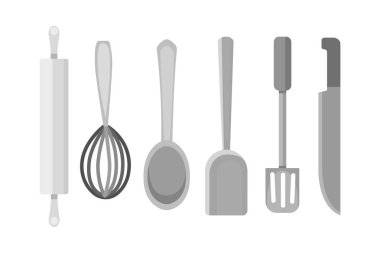 Set mutfak eşyaları vektör. Araçlar yemek düz stil. ekipman izole nesneleri yemek