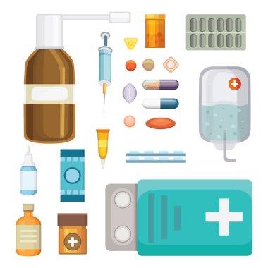 Çizgi film aliminin. Farklı tıbbi hapları ve şişeler, sağlık ve alışveriş, eczane, ilaç deposu. Düz stil vektör çizim