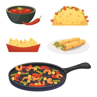 Meksika mutfağı karikatür yemekleri illüstrasyon seti