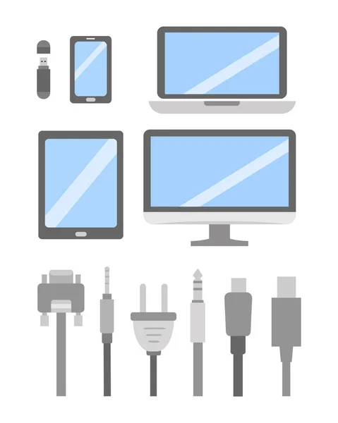 Vector set of PC flat icons. Cable wire computer and electricity plug collection. — Stock Vector