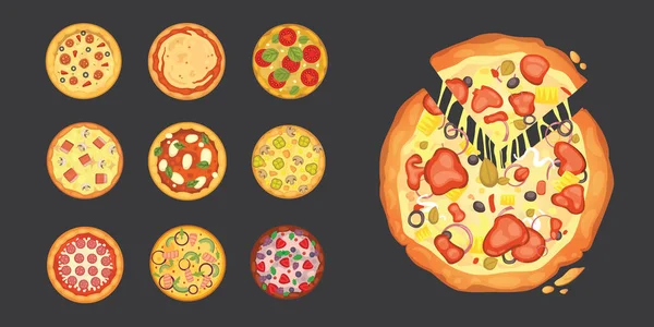 İnce dilimlenmiş sucuk popüler pizza var. İtalyan aşçı ve pizza teslimat. — Stok Vektör
