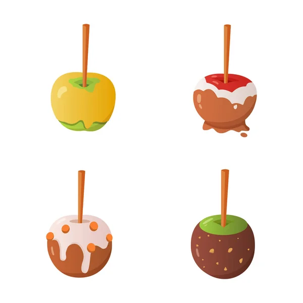 Sweet caramel and chocolate candy apple set. Vector illustration in cartoon style. — Stock Vector