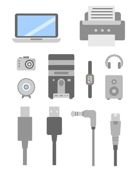 Vector set of PC flat icons. Cable wire computer and electricity plug collection. — Stock Vector