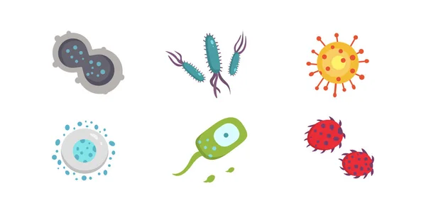 Setați viruși colorați ilustrație vectorială. Bacterii și microorganisme în stilul desenelor animate . — Vector de stoc