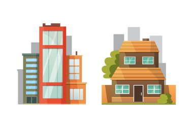 Retro ve modern şehir evleri düz tasarımı. Eski binalar, gökdelenler. renkli yazlık Cafe ev bina,.