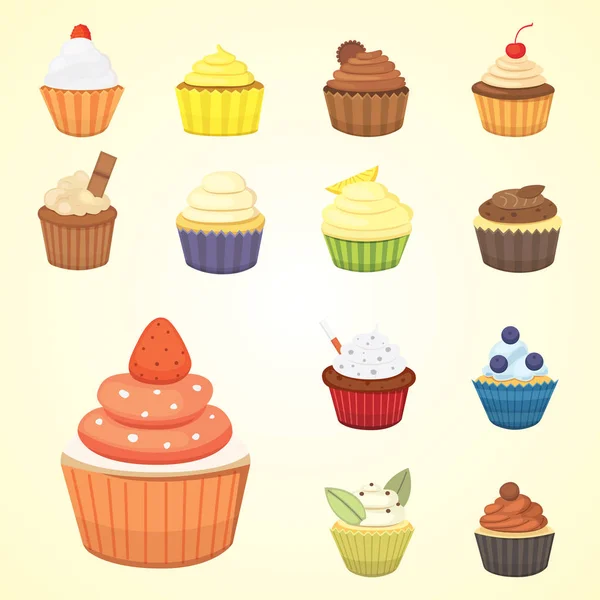 Set of cute vector cupcakes and muffins. Colorful cupcake isolated for food poster design. — Stock Vector