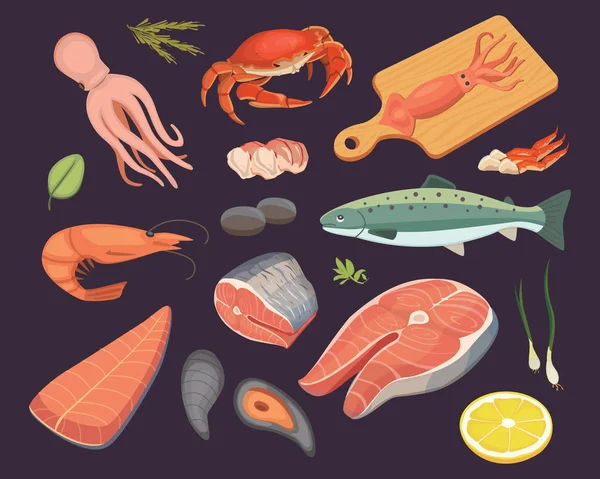 Vector Seafood illustrations set flat fresh fish and crab. Langosta y ostra, camarones y menú, pulpo animal, mariscos limón — Vector de stock