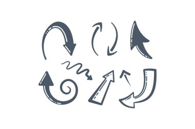 Farklı el çizimi ok simgeleri. İmleç, eğri, çizgi film tarzında yukarı ve aşağı dizayn.