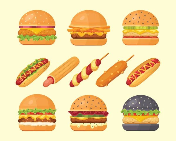 Conjunto de hambúrgueres clássicos com ingredientes voadores e cachorros-quentes. Hambúrguer vetorial e ícones de cachorro-quente. Conjunto de alimentos rápidos . —  Vetores de Stock