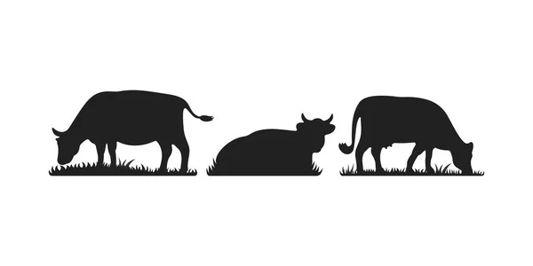 Koeien in verschillende poses vectorset. Silhouetten van gras. Koe grazen op weide. — Stockvector