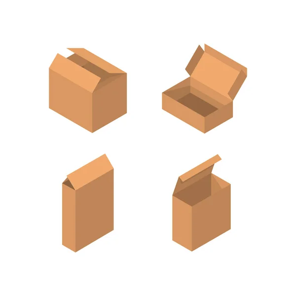 Set di contenitori isometrici vettoriali. raccolta scatole di cartone in stile cartone animato solato su sfondo bianco . — Vettoriale Stock