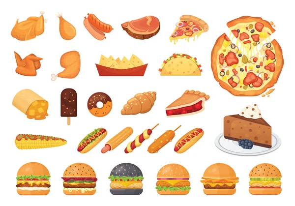 Gran juego de comida rápida de iconos vectoriales en estilo de dibujos animados. Menú de comida callejera basura. Hamburguesa, pizza, carne, perrito caliente, postre . — Vector de stock