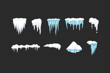 Çizgi film tarzında buz saçakları kümesi. Kar ve buz taşıyıcı çerçeveler, kar örtüsü ve kar yağışı.