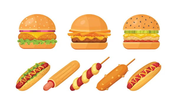 Set de hamburguesas clásicas con ingredientes voladores y hot dogs. Vector hamburguesa y hot dog iconos. Juego de alimentos rápidos . — Archivo Imágenes Vectoriales