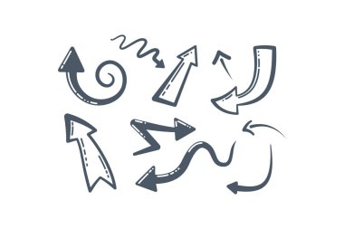 El yapımı Doodle Vektör Okları Koleksiyonu. Farklı el çizimi ok simgeleri. İmleç, eğri, çizgi film tarzında yukarı ve aşağı dizayn.