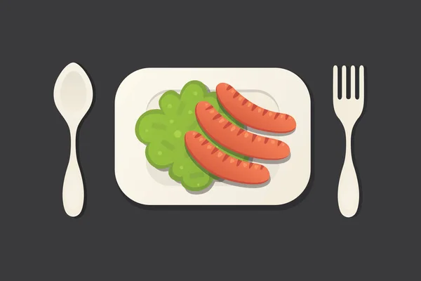 Top view brocoli and sausages on a white plate. Breakfast vector illustration — Stock Vector