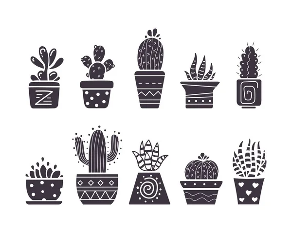 Cactus dessiner à la main des icônes en style dessin animé sur fond blanc. Accueil plantes cactus et ensemble succulent . — Image vectorielle