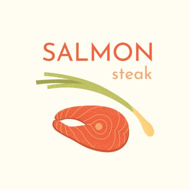 Taze kırmızı balık eti ve soğan vektör simgeleri. Çiğ somon bifteği çizgi film stili. Yiyecek menüsü için organik deniz ürünleri çizimi izole edildi.