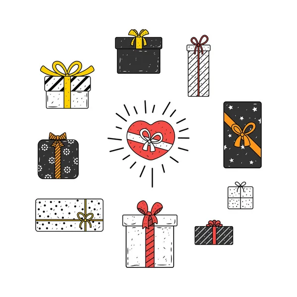 Vector Hand drawn gift boxes and presents isolated on white. Happy birthday, or Valentine Day package set. — Stock Vector