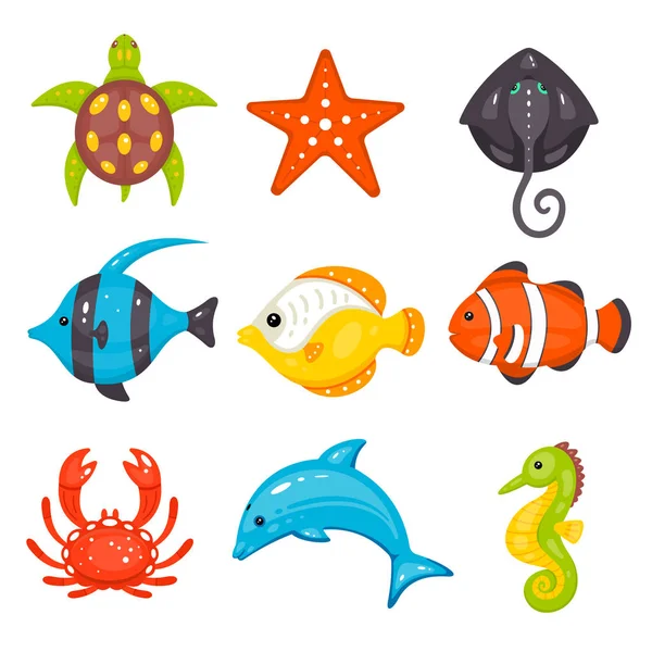 Vector de animales marinos ambientado en estilo dibujado a mano de dibujos animados. La vida marina y las criaturas submarinas contiene tortuga, mar, raya, peces, cangrejo, delfín, caballito de mar . — Vector de stock