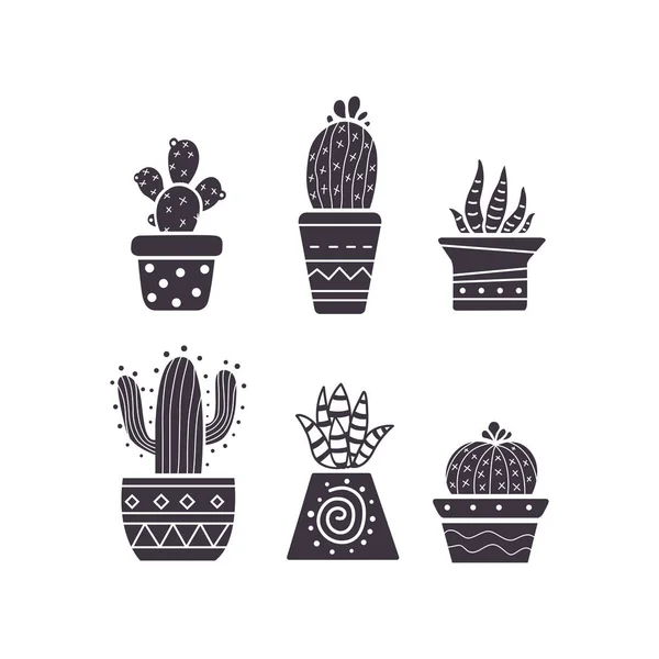 Cactus mão desenhar ícones em estilo cartoon no fundo branco. Home plantas cactos e conjunto suculento . —  Vetores de Stock