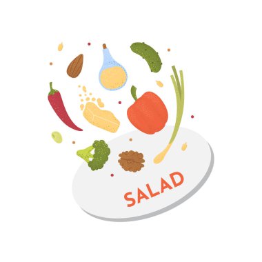 Vegan çiğ salata illüstrasyonu. Karikatür tasarım gıda konsepti sağlıklı yemek.