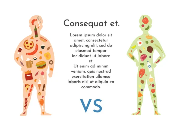 Ilustración vectorial del hombre gordo y delgado. Comida sana vs comida rápida. Nutrición saludable y poco saludable. Cuerpo humano y comida chatarra vs menú equilibrado . — Archivo Imágenes Vectoriales