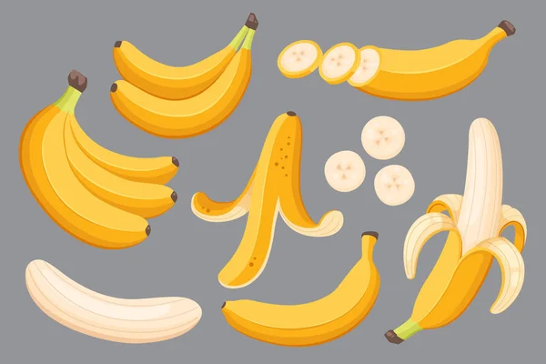 Conjunto de desenhos animados ilustração bananas amarelas. Solteiro, casca de banana e cachos de frutas frescas de banana. —  Vetores de Stock