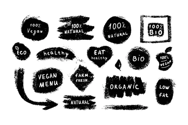 手描きのビーガンフードラベルやタグのベクトルコレクション。エコ、バイオ、有機、新鮮、健康、 100自然、食品、生産物. — ストックベクタ