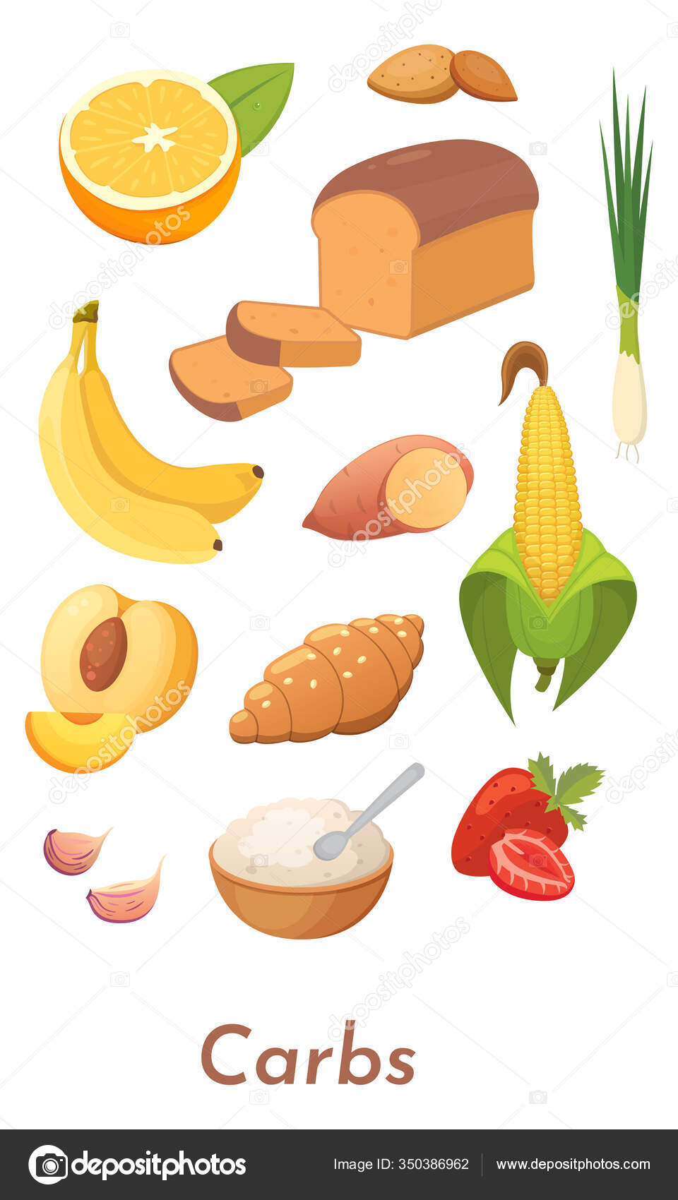 Carb food set. Vector carbs icons collection. Diet, delicious meal from