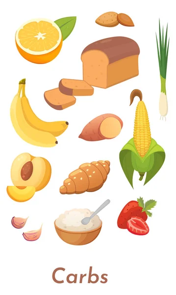 Koolhydraten. Vector koolhydraten iconen collectie. Dieet, heerlijke maaltijd uit de koolhydraatgroep. — Stockvector