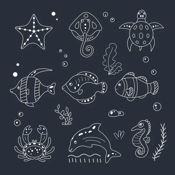 Vector de animales marinos ambientado en línea de dibujos animados dibujado a mano estilo. La vida marina y las criaturas submarinas contiene tortuga, mar, raya, peces, cangrejo, delfín, caballito de mar . — Archivo Imágenes Vectoriales