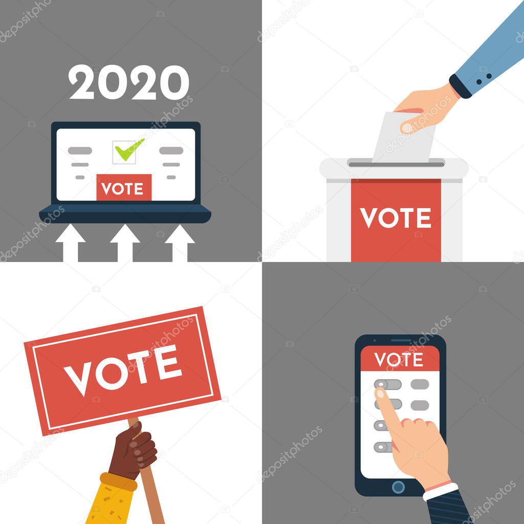 Vote vector illustration set. Hand puts ballot ,voting online, e-voting, voters making decisions.