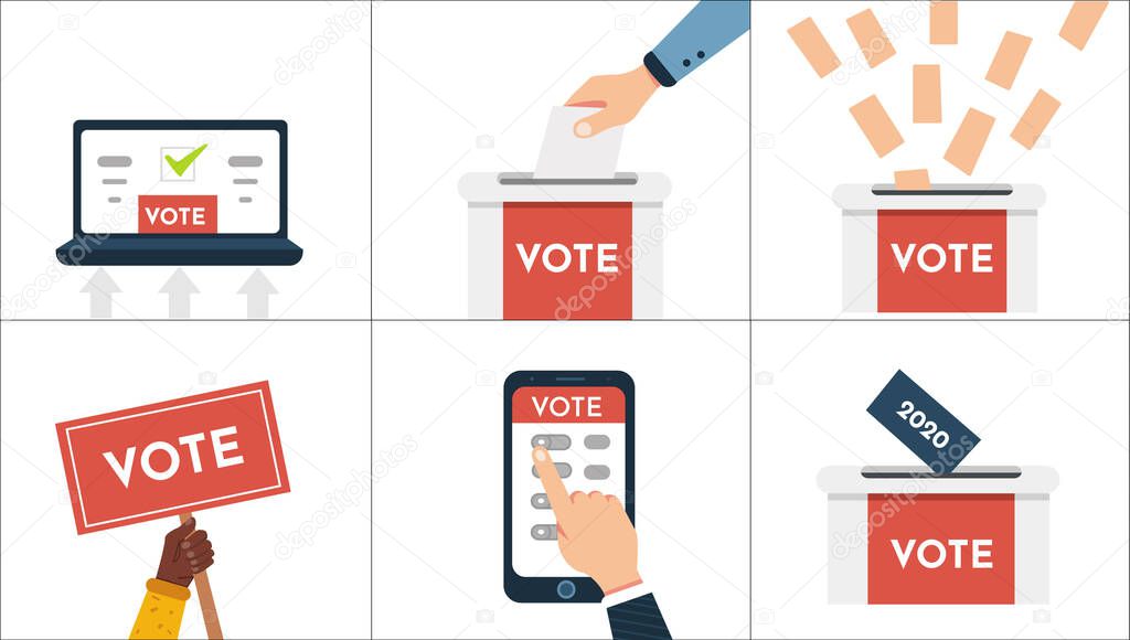 Vote vector illustration set. Hand puts ballot ,voting online, e-voting, voters making decisions.