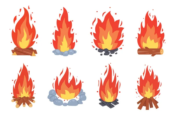 Campfire different types. Vector burning bonfire frames. Camping fire collection. Fireplace with fire coals or woodfire in cartoon style set. — Stock Vector