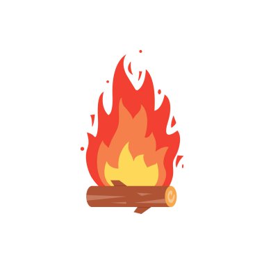 Kamp ateşi ikonu. Yanan şenlik ateşi vektörü. Odun alevleri, şömine yakma karikatürü çizimleri..