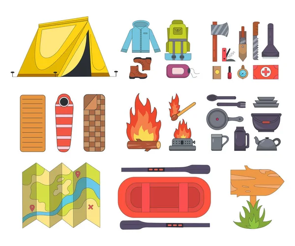 漫画のスタイルでキャンプ用品アイコンのセット。漫画風のキャンプ用品やツール。ハイキング遠征バッグ、地図、テント、キャンプファイヤー。観光キャンプ装備要素. — ストックベクタ