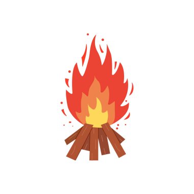 Kamp ateşi ikonu. Yanan şenlik ateşi vektörü. Odun alevleri, şömine yakma karikatürü çizimleri..