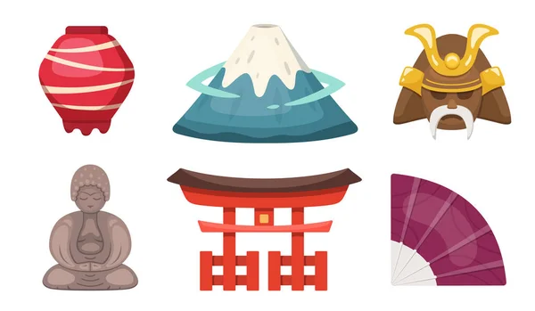 Japón iconos de vectores de objetos tradicionales en estilo de dibujos animados. Ilustraciones temáticas japonesas: montaña fuji, máscara samurai, linterna, buddha y shinto. Viaje a Japón conjunto . — Archivo Imágenes Vectoriales