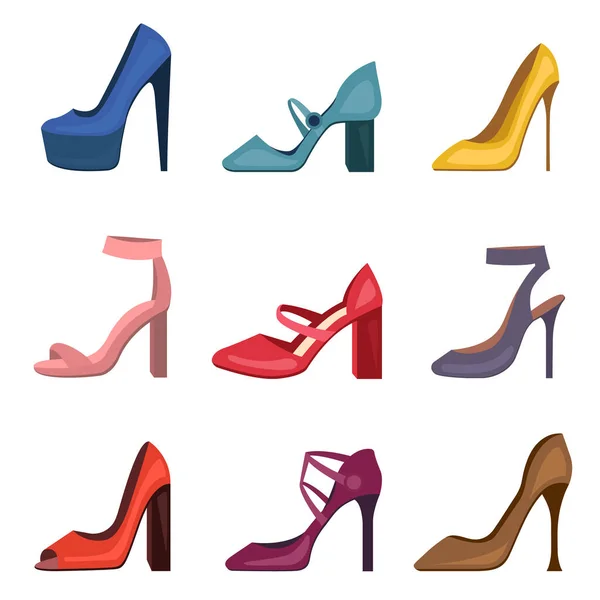 Diferentes zapatos de mujer de colores. Tacones altos estilete colección de zapatos para mujer. Calzado de moda para niñas . — Vector de stock