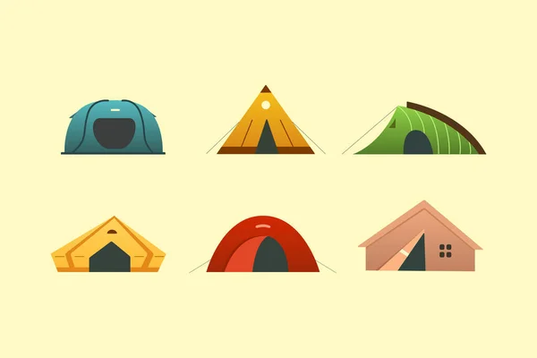 Ícones de vetor de barraca de acampamento diferentes. Casa exterior turística de triângulo e cúpula. Caminhadas e trekking acampamento tendas para descanso . —  Vetores de Stock