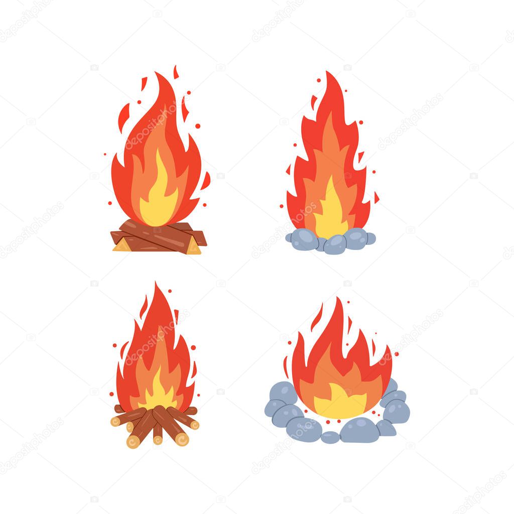 Campfire different types. Vector burning bonfire frames. Camping fire collection. Fireplace with fire coals or woodfire in cartoon style set.