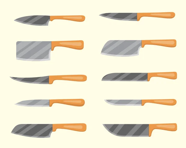 Набор векторных ножей для мясной лавки. Кухонный нож и резак. Посуда для приготовления пищи, кухонные принадлежности и ножи для оружия. — стоковый вектор