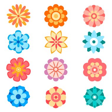 Düz şekilli vektör dekoratif çiçek simgeleri seti. Bahar çiçekleri siluet koleksiyonu. Çiçeksel Clipart illüstrasyonu.
