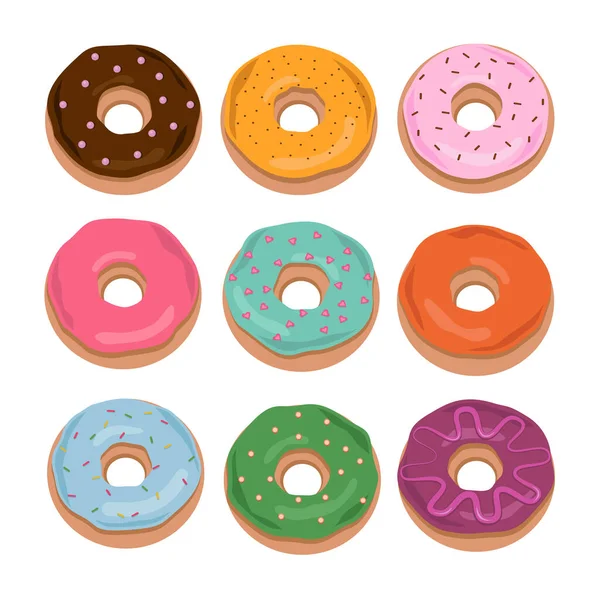 Donuts desenhos animados isolado no fundo branco. Vetor Donut na coleção esmalte. Comida doce de rosca. —  Vetores de Stock