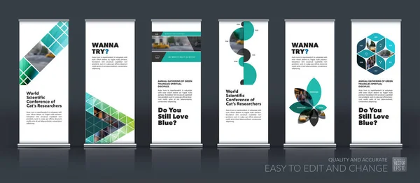 Vektör set modern roll Up Banner stand tasarım üçgen, dikdörtgen öğeleri, kareler, daireler, çiçekler ile iş, finans. Broşür sergi, fuar, göstermek, fest. 