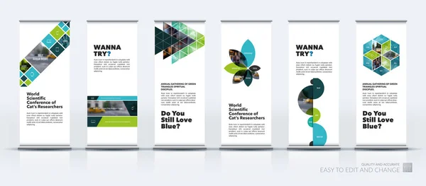 Vector uppsättning moderna rulle upp Banner står design med rektangulära element, cirklar, kvadrater, trianglar, blommor för business, finance. Broschyr utställning, mässa, show, fest. — Stock vektor