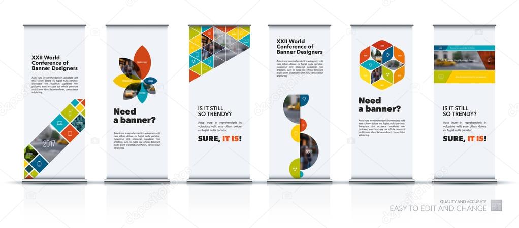 Vector set of modern roll Up Banner stand design with triangles, rectangular elements, squares, circles, flowers for business, finance. Brochure  exhibition, fair, show, fest. 