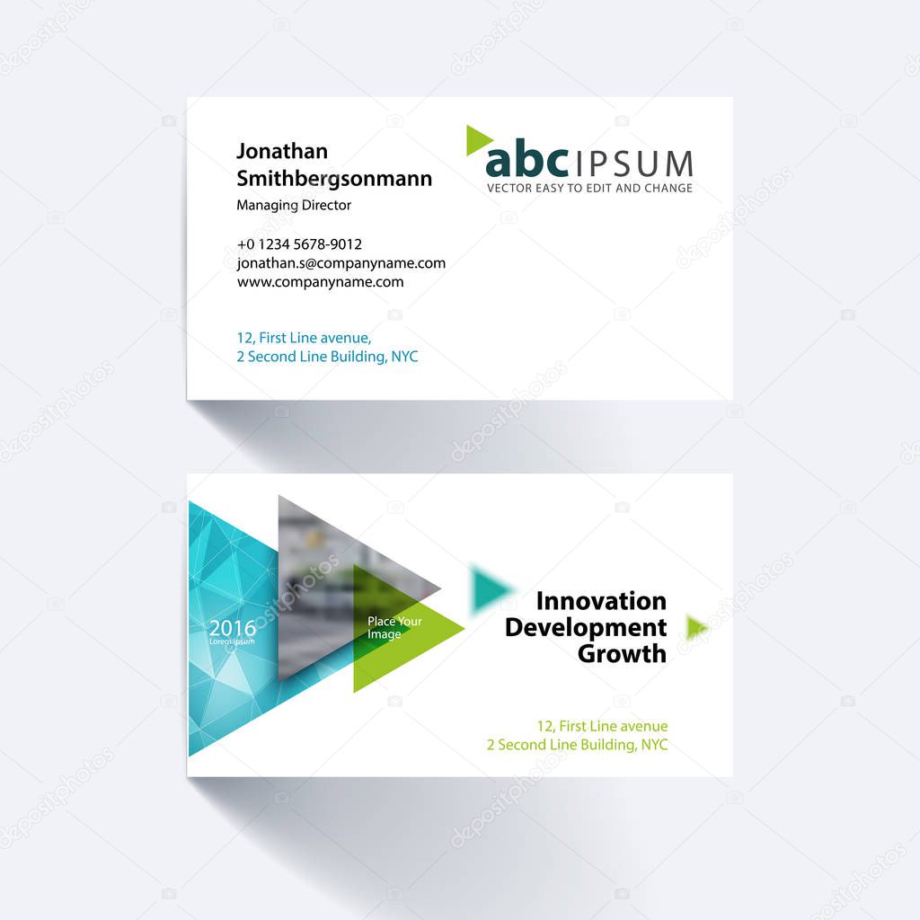 Vector business card template with flying triangles, arrows, pol